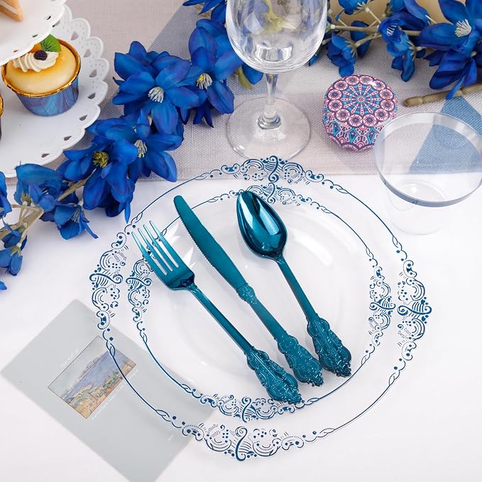 350pcs Clear Blue Plastic Plates - Image 3