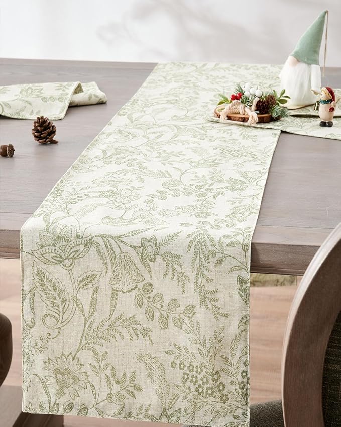 jinchan Sage Green Floral Linen Table Runner 13 x 72 Inch Farmhouse | Textured by JINCHAN