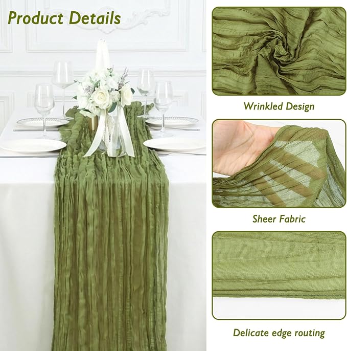 8 Pack Olive Green Cheesecloth Table Runner 120 Inch Boho Wedding Decor | - Image 3