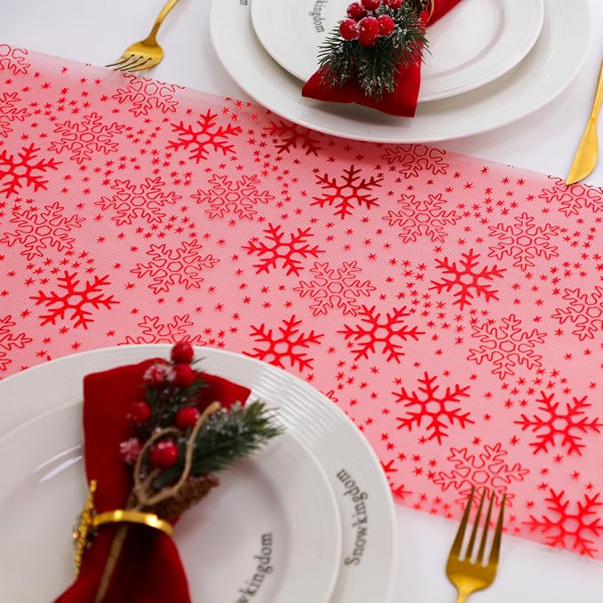 Snowkingdom 2 Pcs Christmas Red Snowflake Table Runner 108 Inch Sparkly Red - Image 4