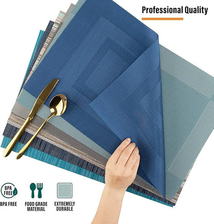 Winknowl Placemats Set of 6, Heat Resistant Non-Slip Vinyl Woven Table Mats for Dining Table, Washable Durable Elegant Place Mats for Kitchen Indoor/Outdoor Use (Teal Green)
