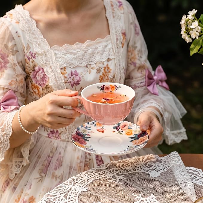 Lyellfe Set of 2 Tea Cup and Saucers, 8 Oz Floral Tea Cups - Image 6