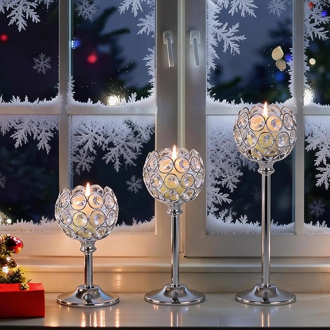 Crystal Metal Tealight Candlestick, Bling Bowl Candelabras, Tall Crystal Candle Holders Elegant Candle Centerpiece for Dining Table Wedding Home Mantel Decor (Silver, 2 Sets(6 Pcs))