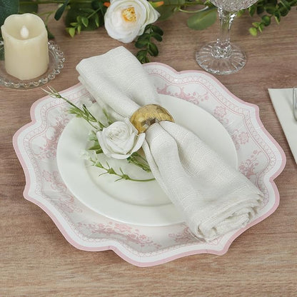 50 Pack 8" White Pink French Toile Dessert Plates, Disposable Round Paper Floral Pattern Appetizer Salad Plates 300 GSM for Party Decoration