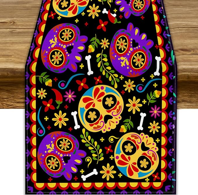 Mexican Fiesta Table Runner Decoration Skull Cinco De Mayo Dia De Los Muertos by YCness
