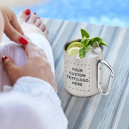 Custom Stainless Steel Mugs with Carabiner Handle 10 oz. Set of 10, Personalized Bulk Pack - Perfect for Coffee, Soda, Other Hot & Cold Beverages - Silver