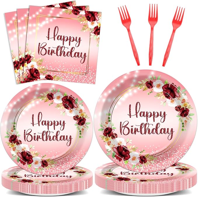 96Pcs Burgundy Birthday Party Supplies Burgundy Floral Paper Plates Napkins by Justforjoyful