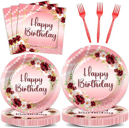 96Pcs Burgundy Birthday Party Supplies Burgundy Floral Paper Plates Napkins by Justforjoyful
