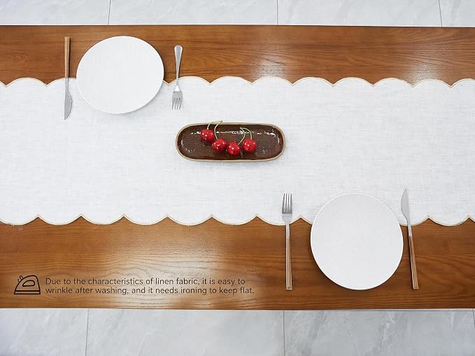 100% Natural Linen Rustic Scalloped Embroidery Table Runner 132 Inches Long - Image 5