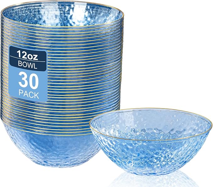 30 Pack 12 Ounce Blue Plastic Bowls Hammered Clear Bowl by I00000
