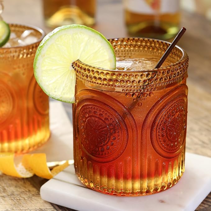 Vintage Amber Drinking Glasses Set of 6 by Kate Aspen - 10 oz Ribbed Glassware - Image 2