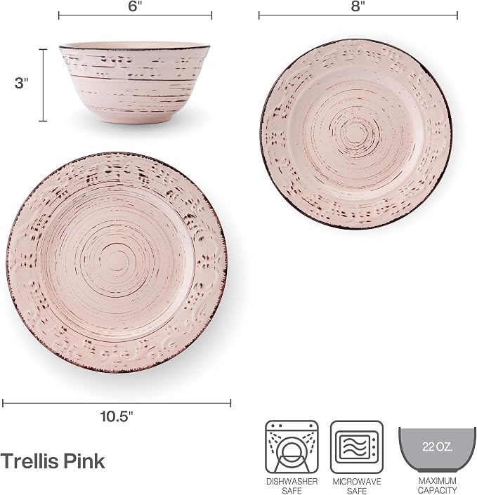 Pfaltzgraff Pink Trellis 12-Piece Dinnerware Set, Stoneware Plates and Bowls - Image 3