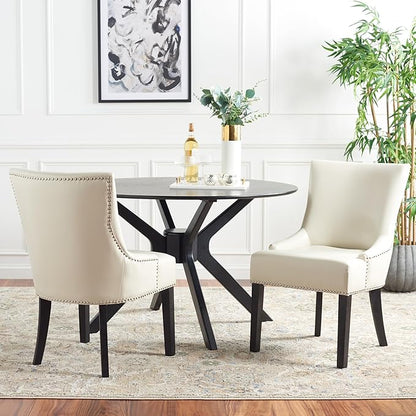 SAFAVIEH Home Collection - Lotus Flat Cream Faux Leather Dining Chair, Modern Nailhead Trim Accent Chair, Sturdy Black Legs (MCR4700B)