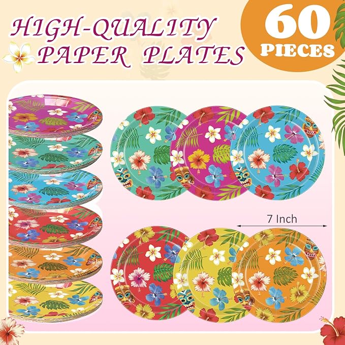 Gerrii 60 Pcs Hawaiian Tropical Luau Party Plates 7 Inch Summer Floral - Image 2