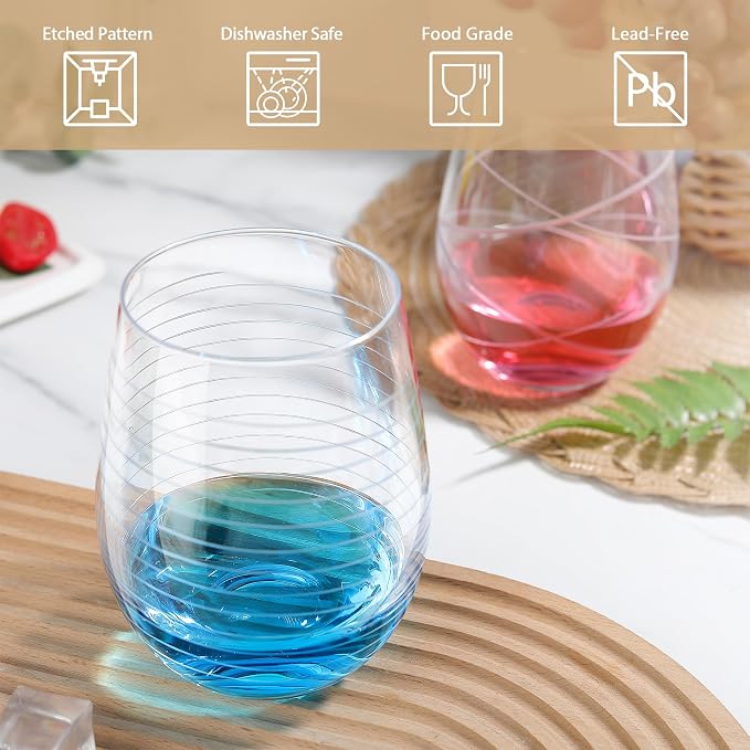Joeyan Hand Blown Etched Stemless Wine Glasses - Image 6
