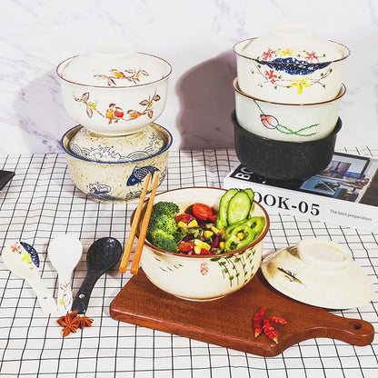 Ceramic Ramen Bowl Set, 800ml, with Lid, Spoon and Chopsticks, Japanese Vintage Large Soup Bowls Instant Noodle Bowl Asian Tableware (Color*1)