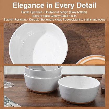 Cereal Bowls Set of 4,Ceramic Bowls for Kitchen,6 Inch Stoneware Bowls, Round Porcelain Pasta Bowl,Dishwasher&Microwave Safe,White(Brown Bottom)