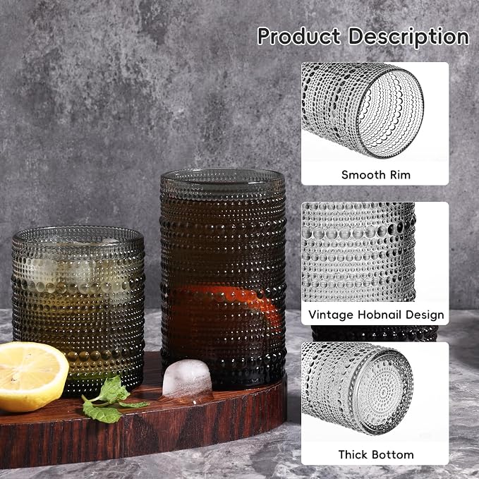 Moretoes 12 Pack Hobnail Drinking Glasses Gray Water Glass Cups Set | Mixed - Image 6