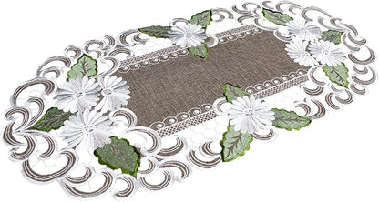 LINENS ART AND THINGS Table Runner Embroidered Pearlescent Daisy Flowers by LinensArtandThings