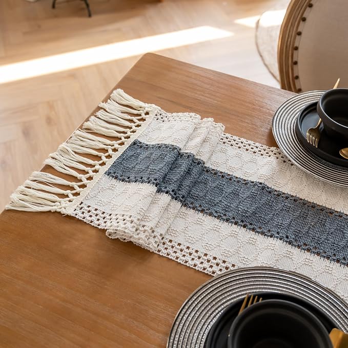 EMMTEEY Boho Table Runner with Tassels 108 Inches Long, Stone Blue | Handmade - Image 6