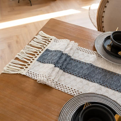 EMMTEEY Boho Table Runner with Tassels 36 Inches Long, Stone Blue | Handmade - Image 6