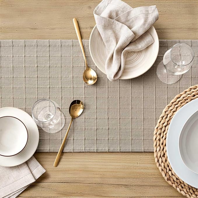 Artisanal Grid Linen Table Runner, 13x48 Inches Oatmeal | Heavy Textured - Image 5