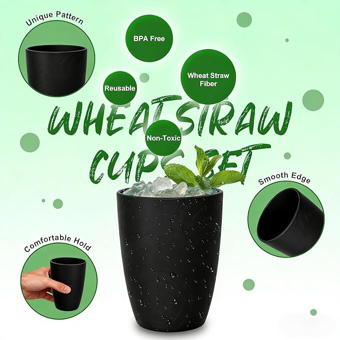 Wheat Straw Drinking Glasses Set of 6, Unbreakable 16 OZ Water Cup - Image 2