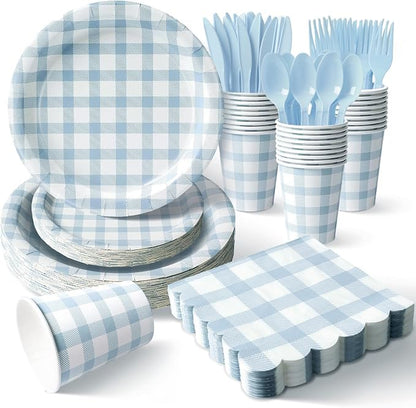 Vyntra 175 Pcs Blue & White Checkered Gingham Paper Plates and Napkins Set by PartyTablewareSupplies