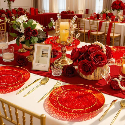 Rubtlamp 60 Pcs Red Plasitc Plates, Gold Red Disposable Plates, Fancy Party Plates, Hammered Plastic plates Include 30 Dessert Platos, 30 Dinner Platos for Party