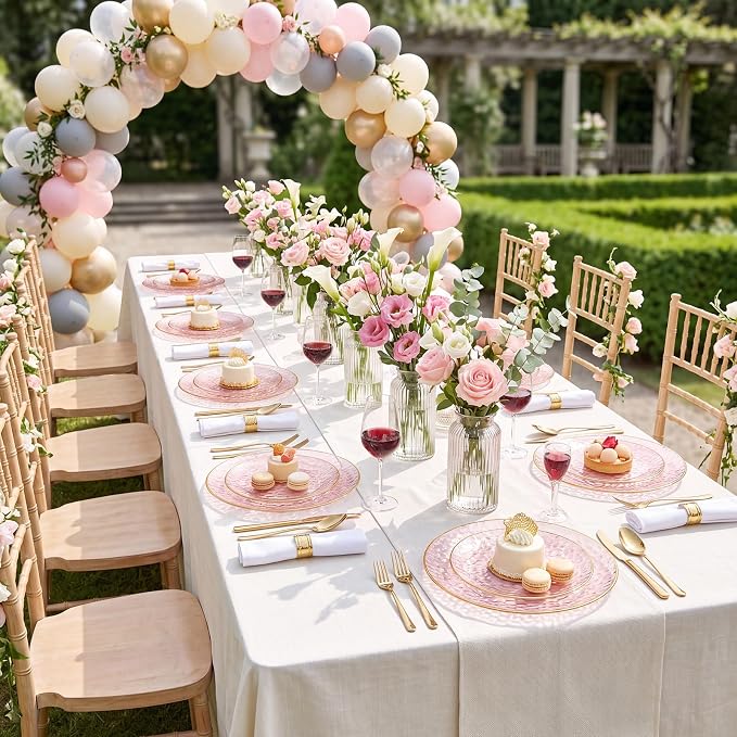 Rubtlamp 60Pcs Pink Plastic Plates, Hammered Gold Plates Include 30Pink Plastic - Image 5