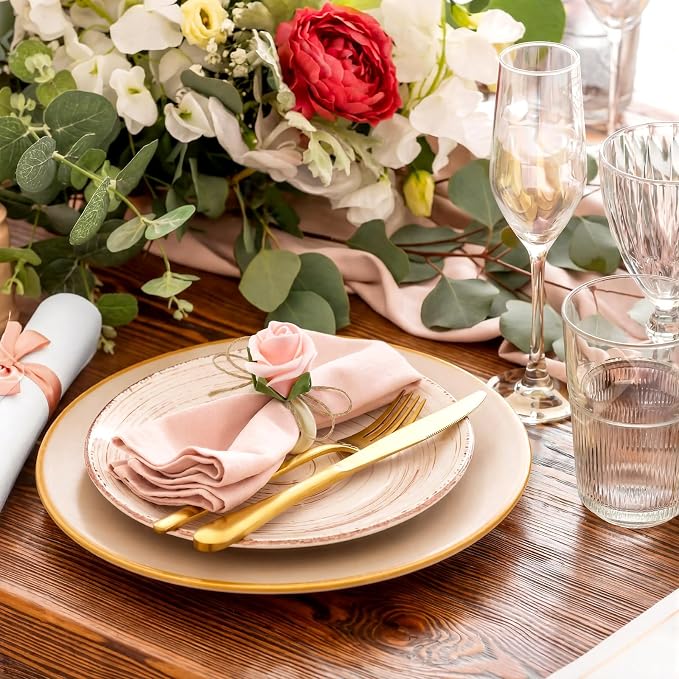 Flower Napkin Rings Set of 12 Wooden Pink Rose Handmade Napkin Holders - Image 5
