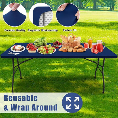 Spandex 6 Foot Rectangle Table Cloth 2 Pack, Elastic Fitted Tablecloths for Picnic, Stretch Washable Patio Table Cover for Outdoor, Camping, Banquet and Parties (Navy, 30"x72")