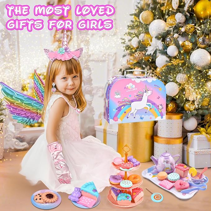 Tea Party Set for Little Girls, Unicorn Wings & Headband, Carrying Case - Image 8