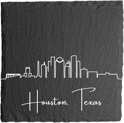 Blue Ridge Mountain Gifts - Houston TX Skyline Coasters, Set of 4 - Houston Texas Souvenir, Slate Coasters with Minimalist Skyline, Housewarming Gift for Friends, Family, & Neighbors
