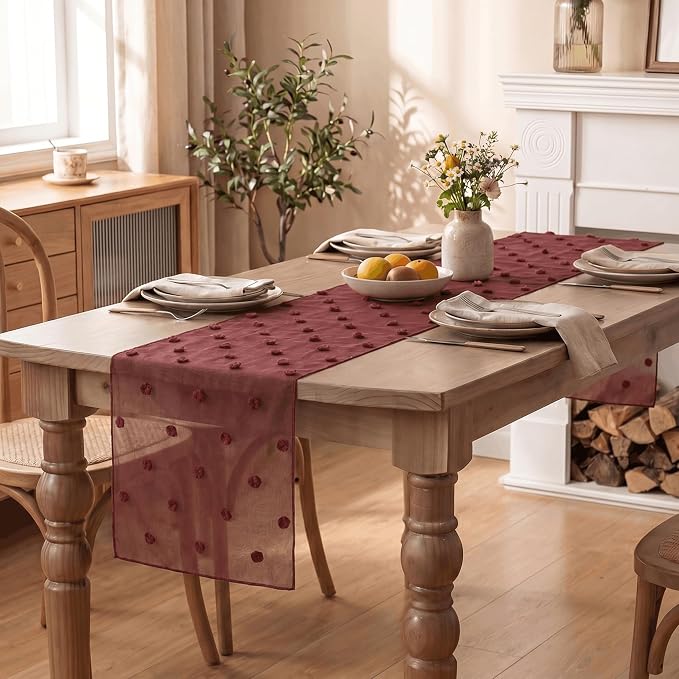 Artoid Mode Red Pom Pom Tulle Table Runner, Seasonal Christmas Washable Kitchen - Image 5
