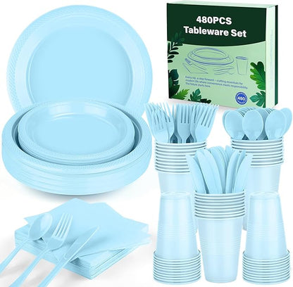 Kochorie 480 Pieces Light Blue Plastic Dinnerware Set Disposable Heavy Duty Plates Napkins Cups Silverware Dessert Dinner Plates for Birthday Wedding Baby Shower Party Supplies, Serves 60 Guests