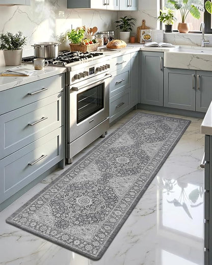 Color&Geometry Anti Fatigue Kitchen Mats for Floor 24x87, Vintage Decor, Easy Clean, Waterproof & Oil Proof, 0.4" Thick Cushioned, Non-Slip Kitchen Runner Rug for Sink, Laundry, Office, Grey