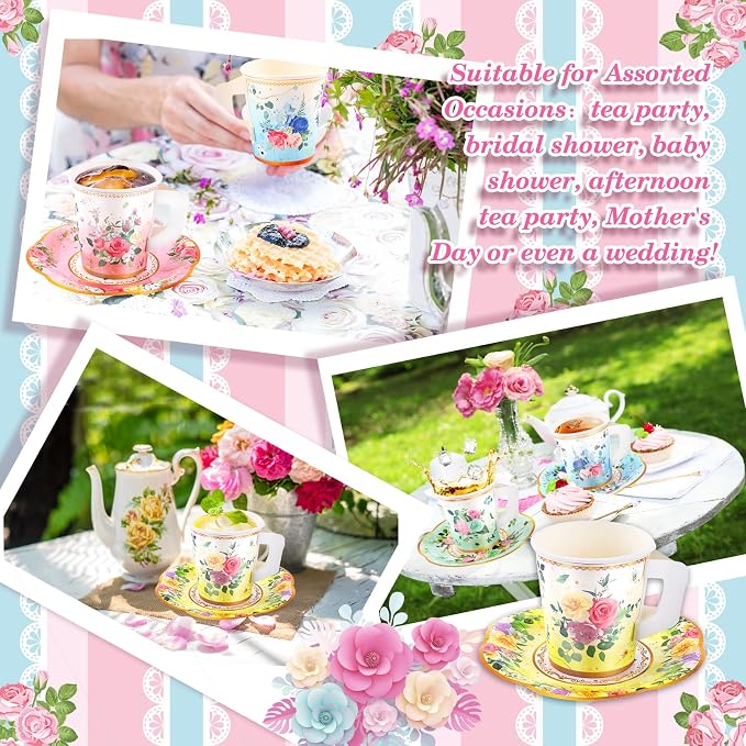 SUMMORO 160 Pcs Floral Paper Tea Cups and Saucers 7 OZ Disposable Paper Tea Cups - Image 6