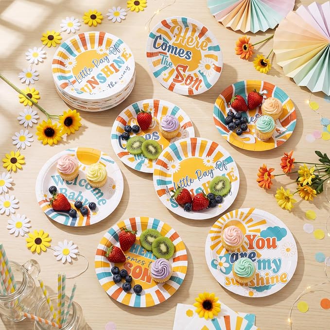 Gerrii 60 Pcs Here Comes the Son Baby Shower Party Plates Boho7 Inch Sun - Image 6
