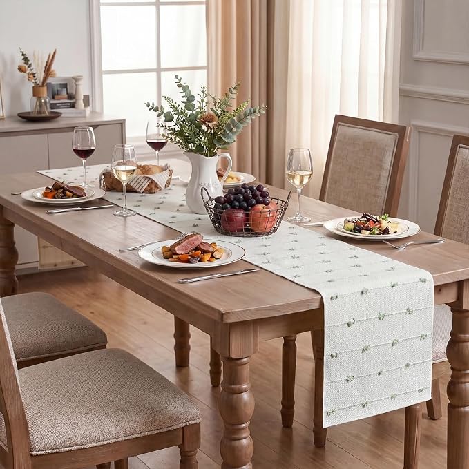 Artoid Mode Sage Green Boho Farmhouse Cotton Woven Table Runner, Seasonal - Image 5