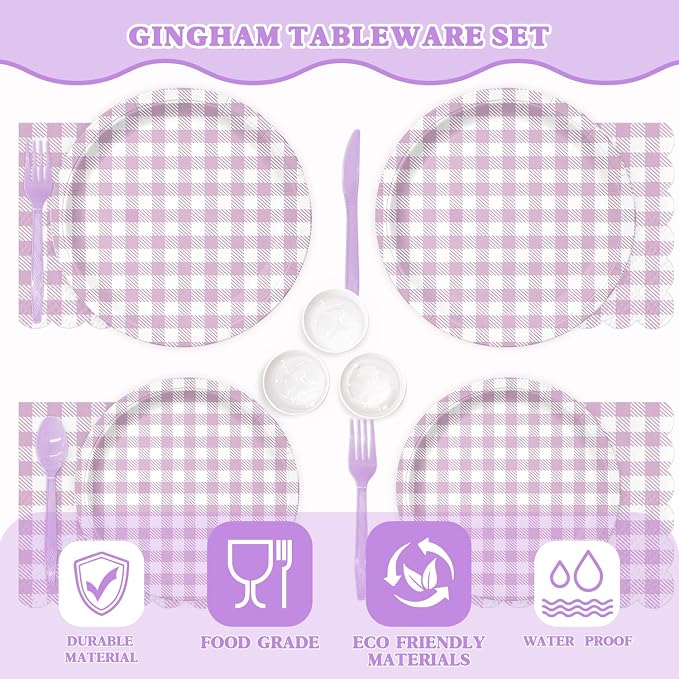 Vyntra 350 Pcs Lavender & White Checkered Gingham Paper Plates and Napkins Set - Image 5