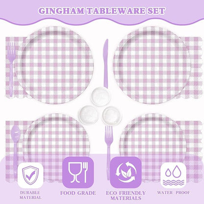 Vyntra 350 Pcs Lavender & White Checkered Gingham Paper Plates and Napkins Set - Image 5