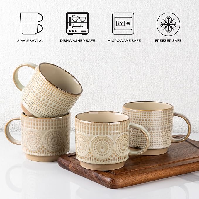 GBhome 16 oz Coffee Mugs Set of 4, Stackable Ceramic Coffee Cups Set | Modern - Image 7