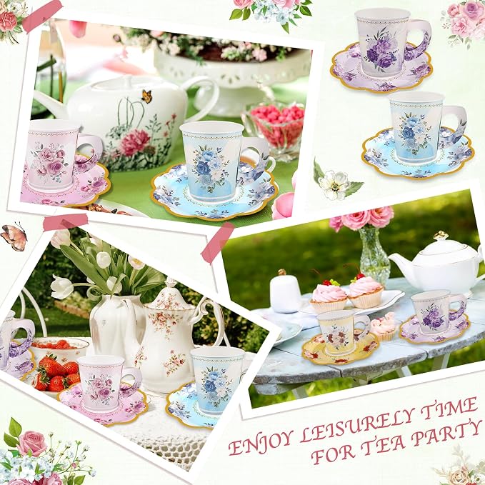 24 Sets Disposable Paper Tea Cups 7 OZ Floral Tea Party Cups | - Image 7