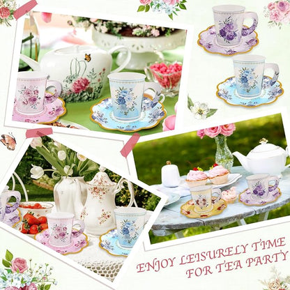 24 Sets Disposable Paper Tea Cups 7 OZ Floral Tea Party Cups | - Image 7