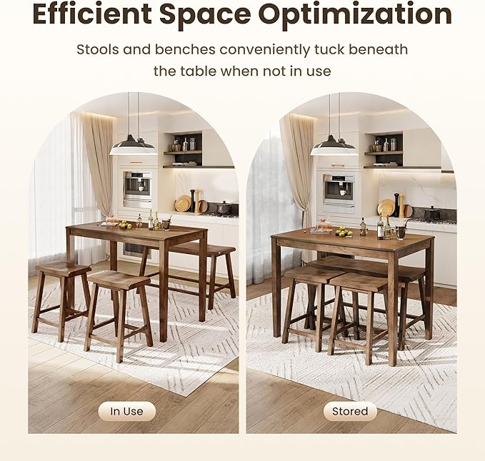 PHI VILLA Kitchen Table with Bench and Chairs, Counter Height Table and Chairs, Solid Wood Small Dining Table Set for 4, High Top Kitchen Table Chairs Set of 4, Rustic Caramel