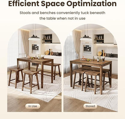 PHI VILLA Kitchen Table with Bench and Chairs, Counter Height Table and Chairs, Solid Wood Small Dining Table Set for 4, High Top Kitchen Table Chairs Set of 4, Rustic Caramel