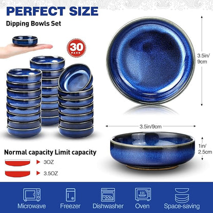 Roshtia 30 Pieces Ceramic Soy Sauce Dish 3.5 Inch Porcelain Dipping Bowls 3oz Multipurpose Small Bowl Mini Serving Dinnerware for Pinch Seasoning Appetizer Soy Sushi(Blue)