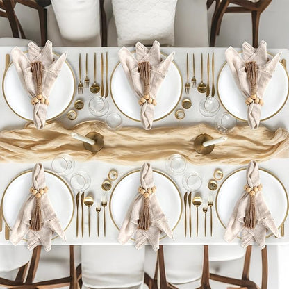 Table Centerpiece Set with Beige Cheesecloth Table Runner, 1 Round Wooden Candle Plate, 70 PCS Dried Pampas Grass Decor with White Vase, 6 Linen Napkins and Wooden Napkin Rings for Wedding Home Decor