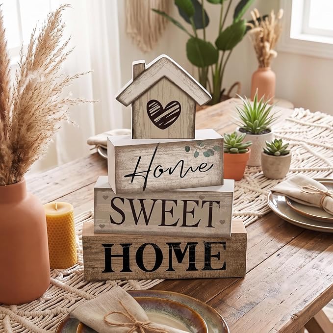 Moucuny 4 Pcs Farmhouse Table Decor Rustic Home Sweet Home Tiered Tray - Image 3